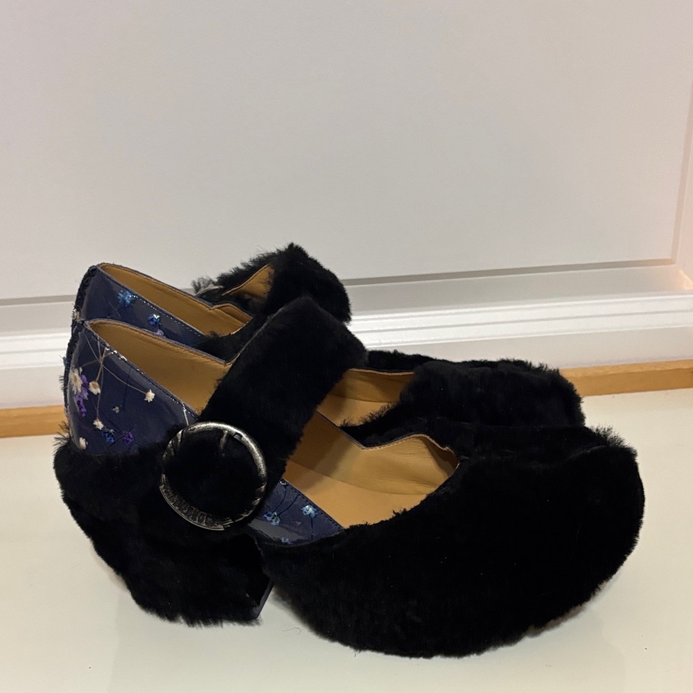 John Fluevog Floral Patent Shearling Prepare Leader platform heels Like New